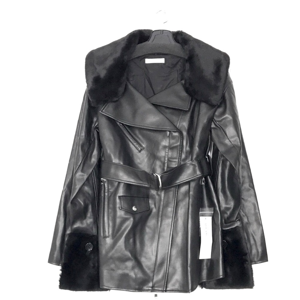 NWT ADEAM oversized moto Black Leather Jacket with Faux Fur Collar small size